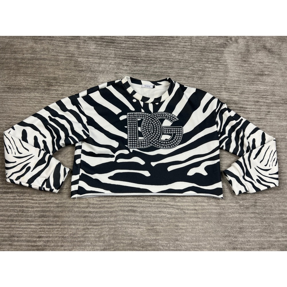 Noella Sweatshirt Womens Med Black White Zebra Print Rhinestone DG Cropped Logo